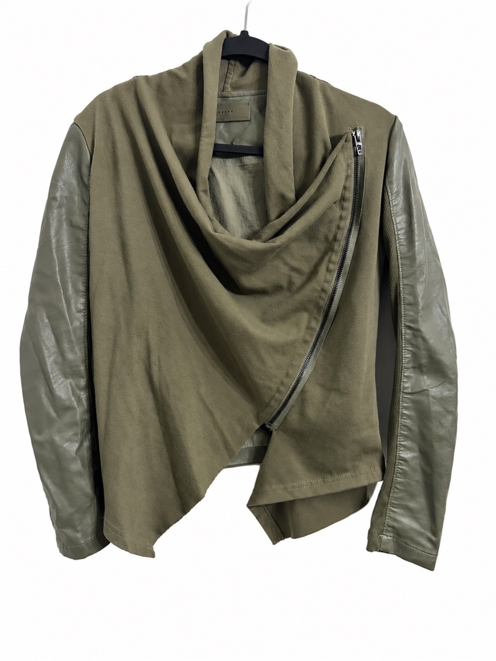BlankNYC Women’s Olive Green Draped Moto Jacket Faux Leather Mixed Media M